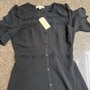 Monteau Black Short Sleeve Button Down Maxi Dress Size L Lace Accents Elastic